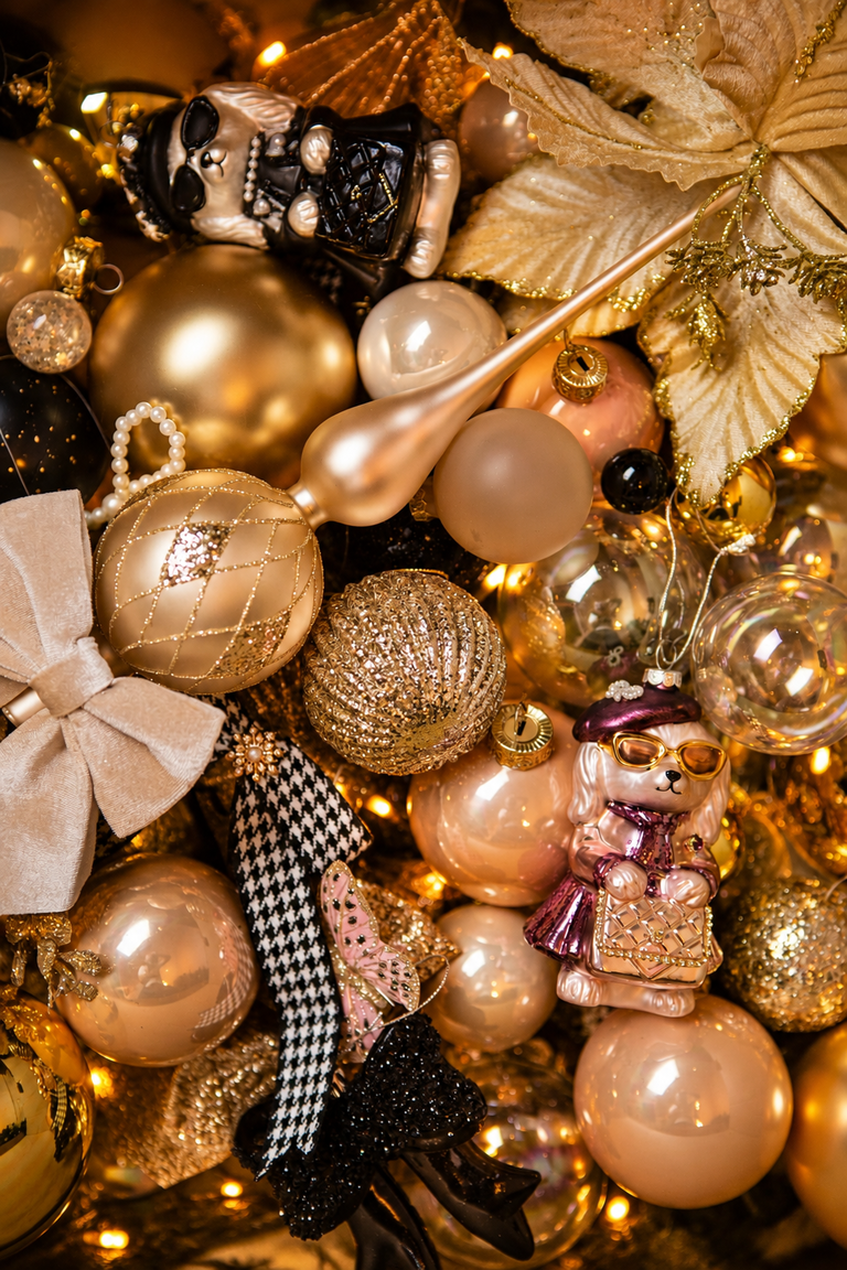 Overzicht van het luxe kerstdecoratiepakket Christmas Couture met gouden, champagnekleurige en zwarte kerstballen, elegante strikken, kerstbloemen en bijzondere kersthangers.