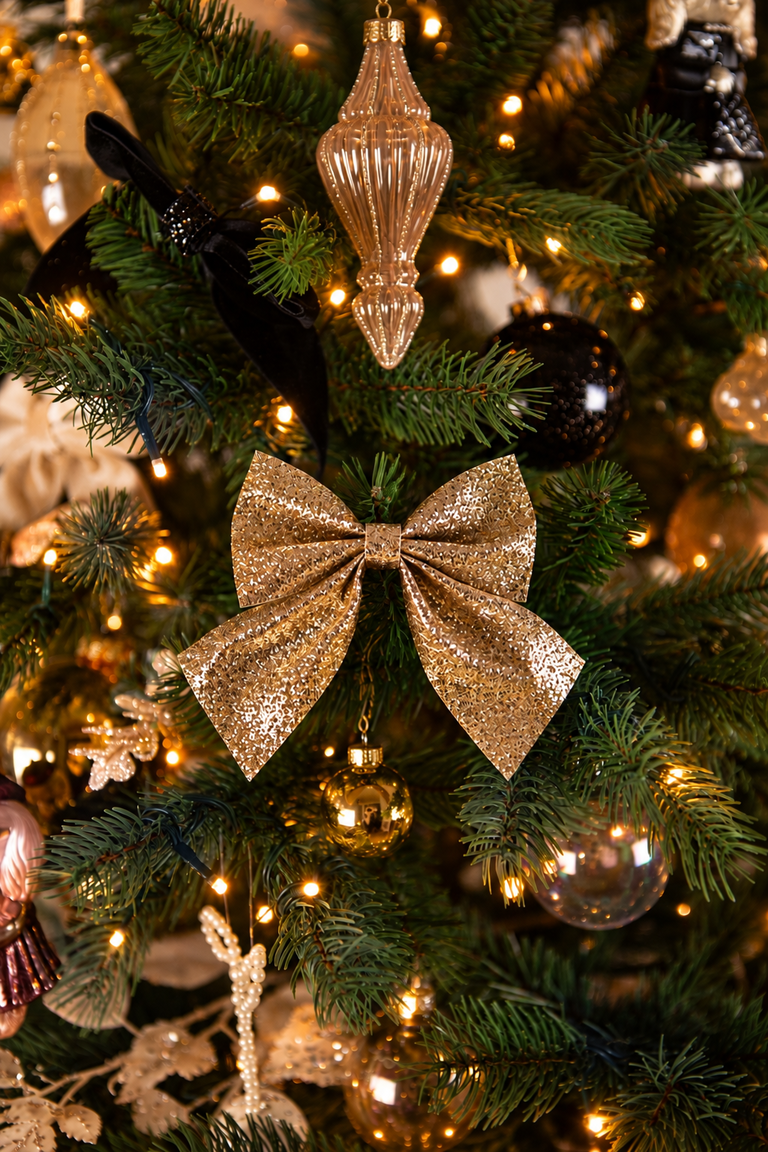 Detail van Christmas Couture kerstboomversiering met een gouden glitterstrik, champagnekleurige glazen kersthanger, zwarte en gouden kerstballen en warme kerstverlichting.