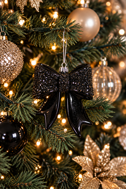 Detail van Christmas Couture kerstboomversiering met een zwarte glitterstrik, gouden en champagnekleurige kerstballen, een gouden kerstbloem en warme kerstverlichting.