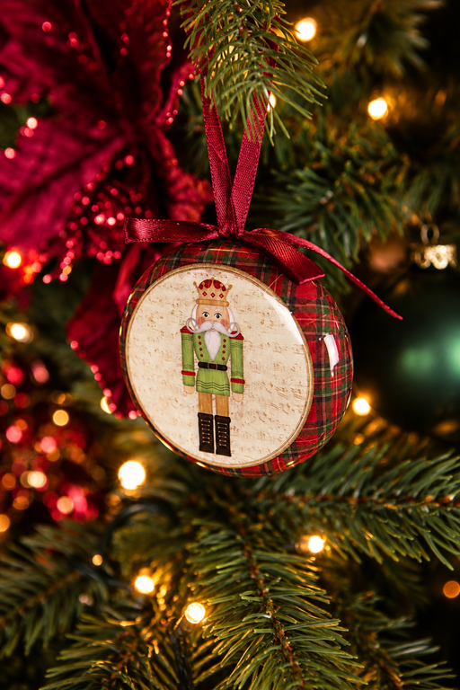 Detail van A Christmas Heritage kerstboomversiering met een ronde kersthanger met notenkraker, Schots geruite stof, een rood strikje en warme kerstverlichting.