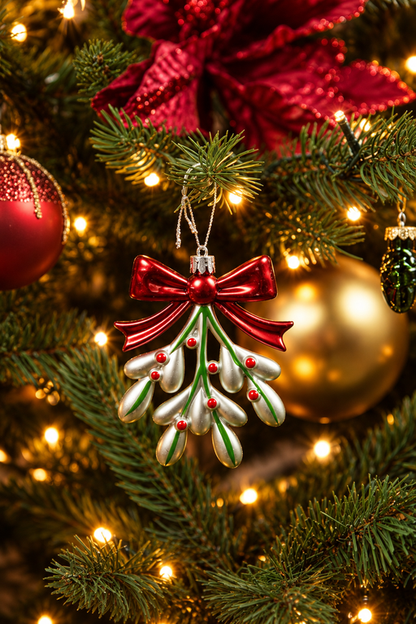 Detail van A Christmas Heritage kerstboomversiering met een glazen maretakhanger, rode strik, gouden en rode kerstballen en warme kerstverlichting.