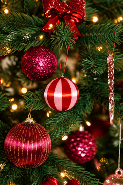 Detail van A Jolly Christmas kerstboomversiering met rode en roze kerstballen, een rood-wit gestreepte kerstbal, roze ijspegelhanger en warme kerstverlichting.