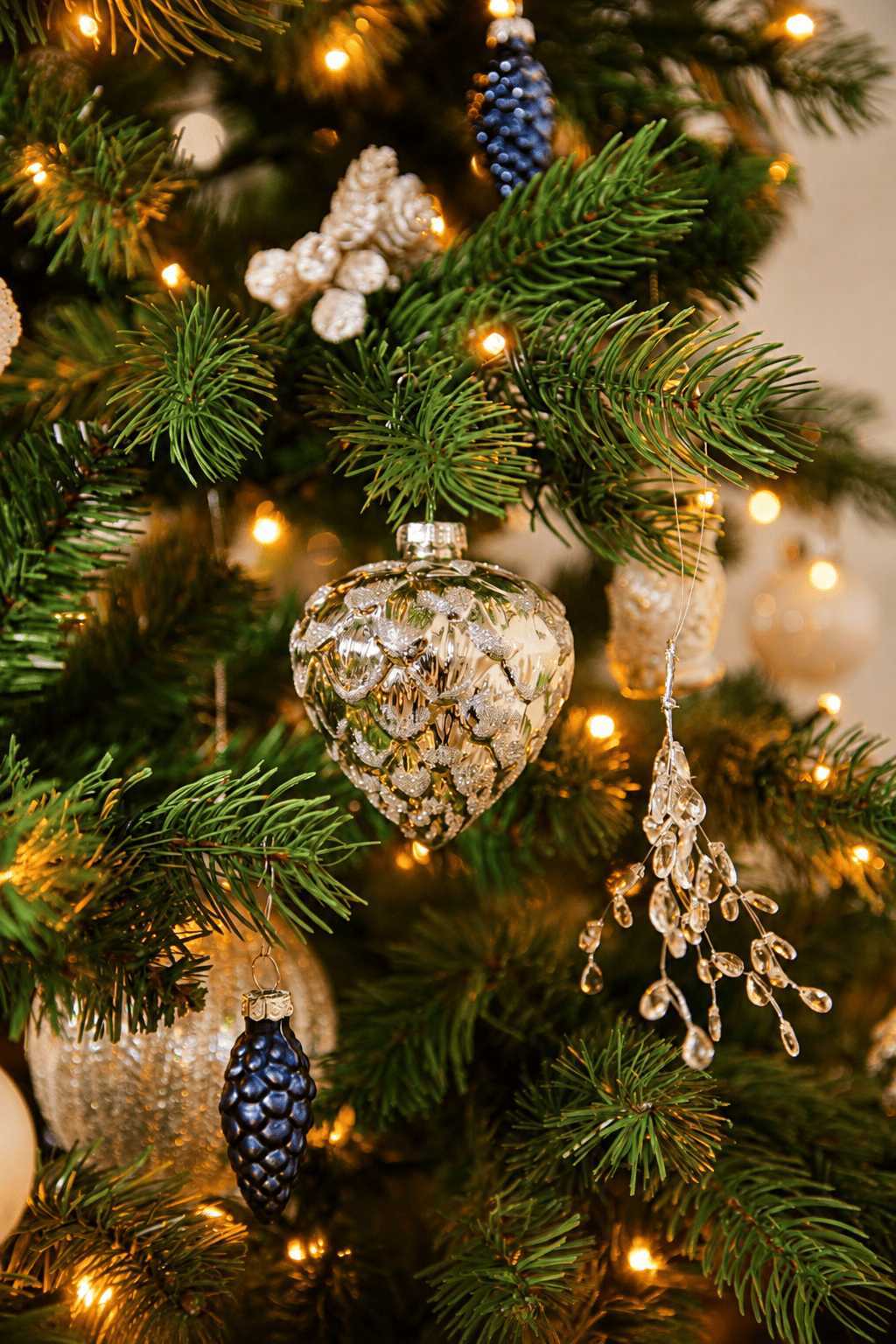 Detail van Snow White Christmas kerstboomversiering met een zilveren dennenappelhanger, blauwe dennenappels, transparante kristalhangers en warme kerstverlichting.